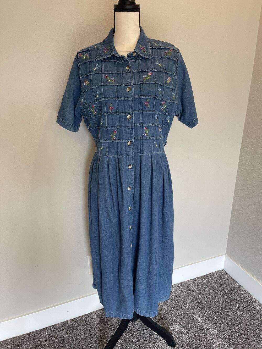 Vintage Y2K Phool Midi Dress Sz XL Denim Button-up Embroidered Flowers